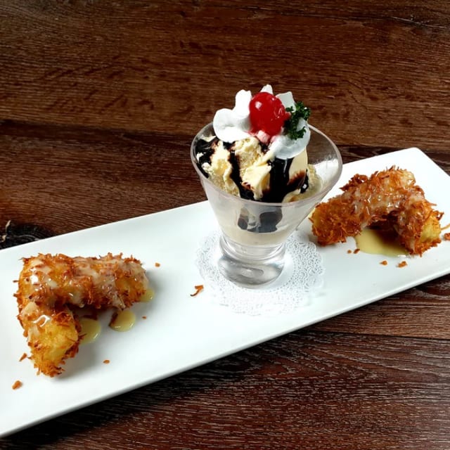 Thai Style Banana Tempura with Vanilla Ice Cream.