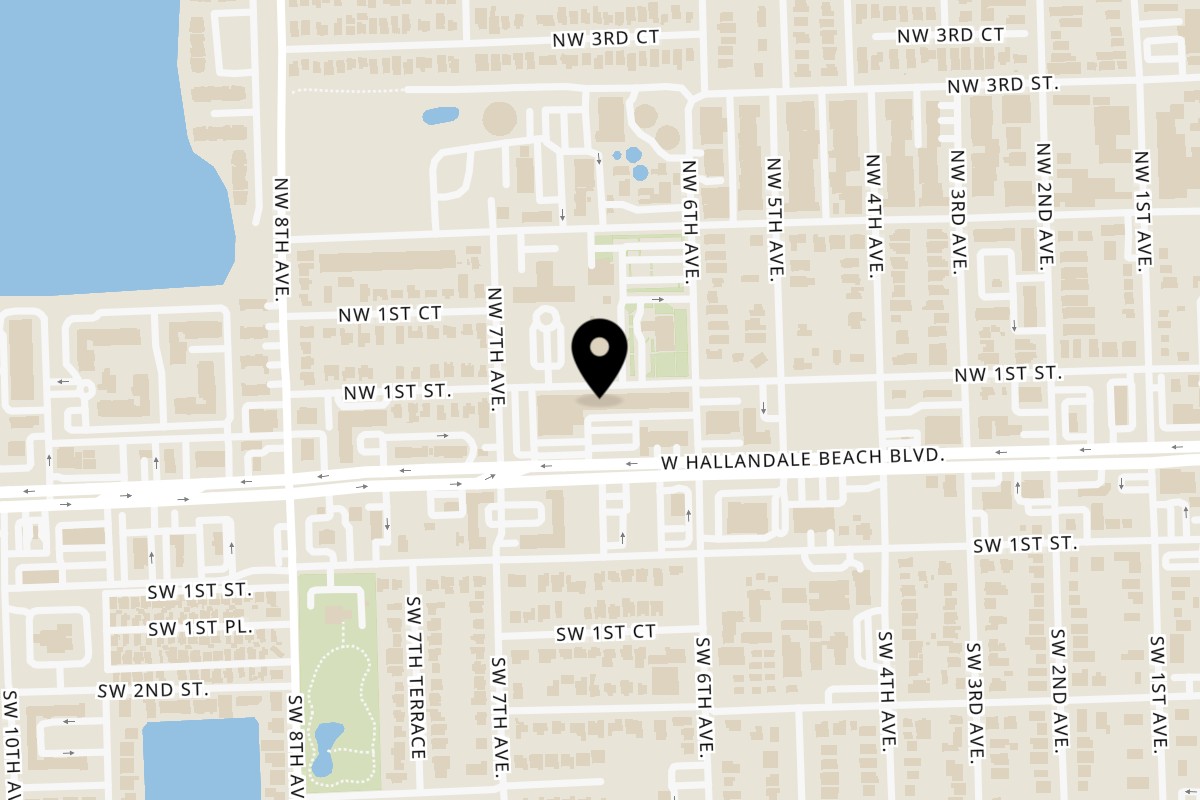 Map showing the location of Urban Thai & Sushi on 660 W Hallandale Beach Blvd in Hallandale Beach